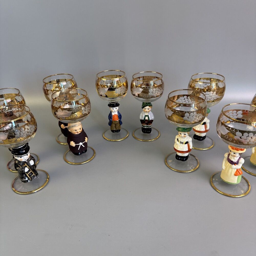 Set of 10 Goebel Hummel Figurine Stem Wine Glasses decorated Glass 14K Trim